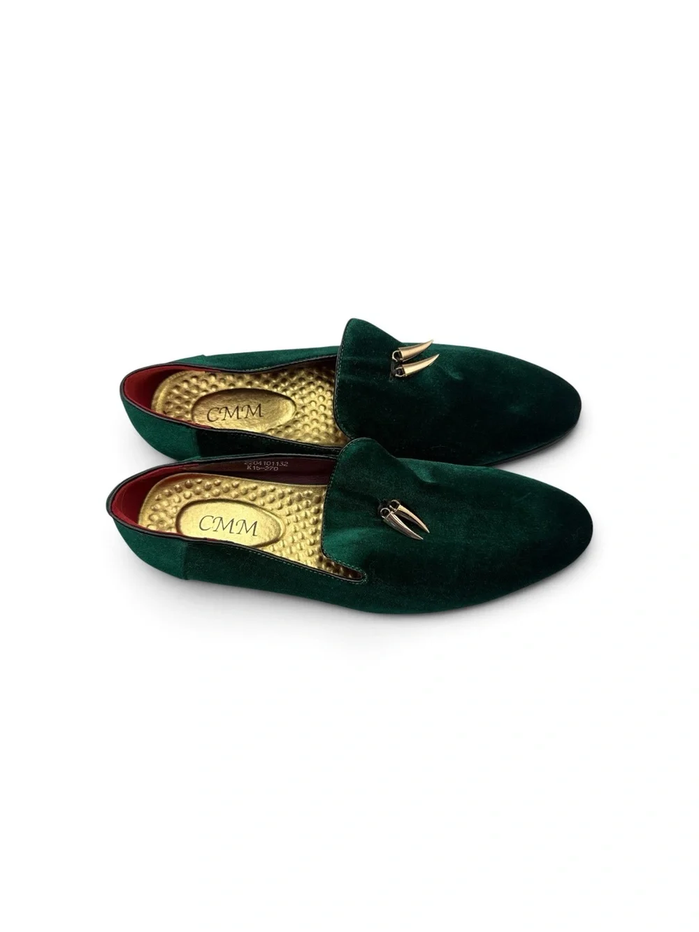 CMM Mens Emerald Green Velvet Loafers Gold Fang Slip On Shoes 11” Insole 10.5 11